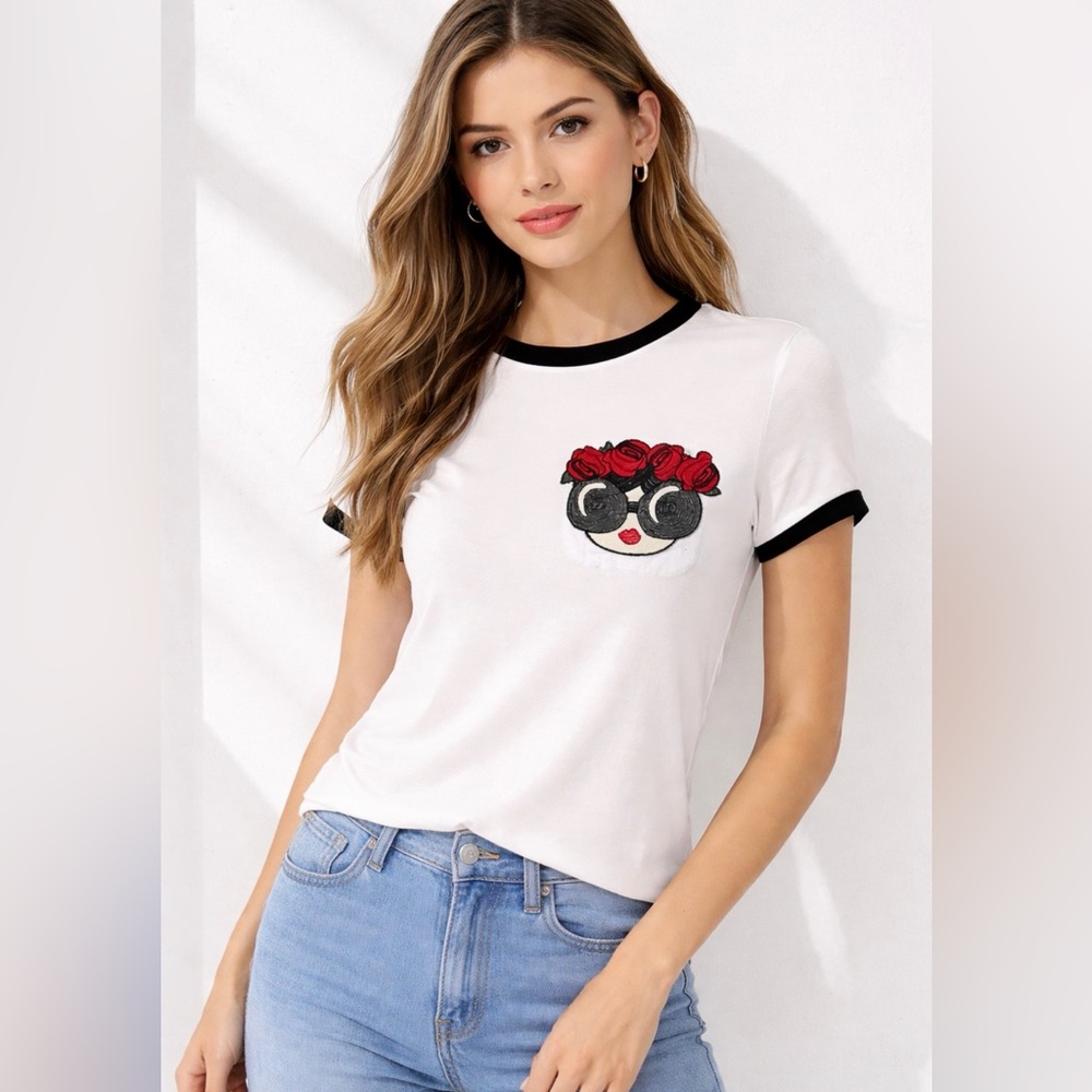 Alice + Olivia White Tee with Red Rose Patch and Black Trim